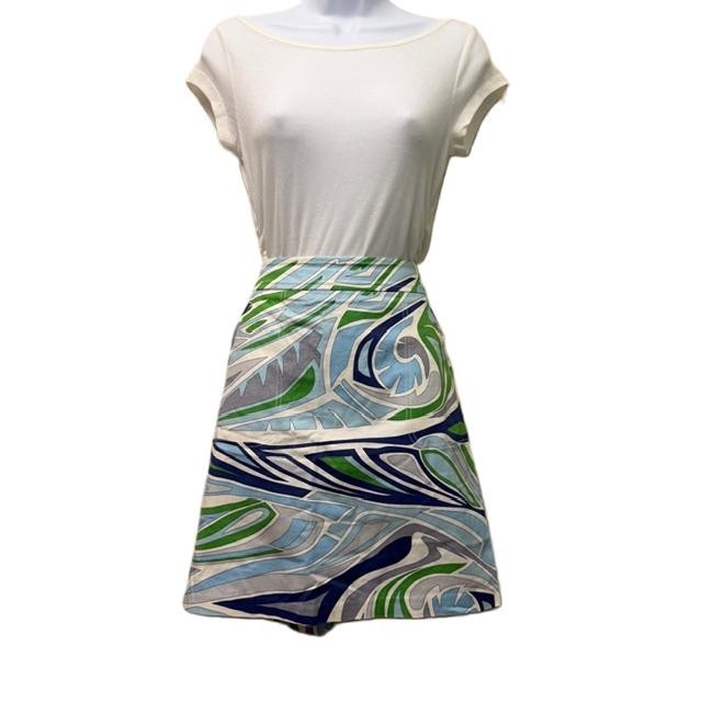 J. McLaughlin Blue Green Abstract Austin Print Skirt Sz 6 Stretch Resort Career