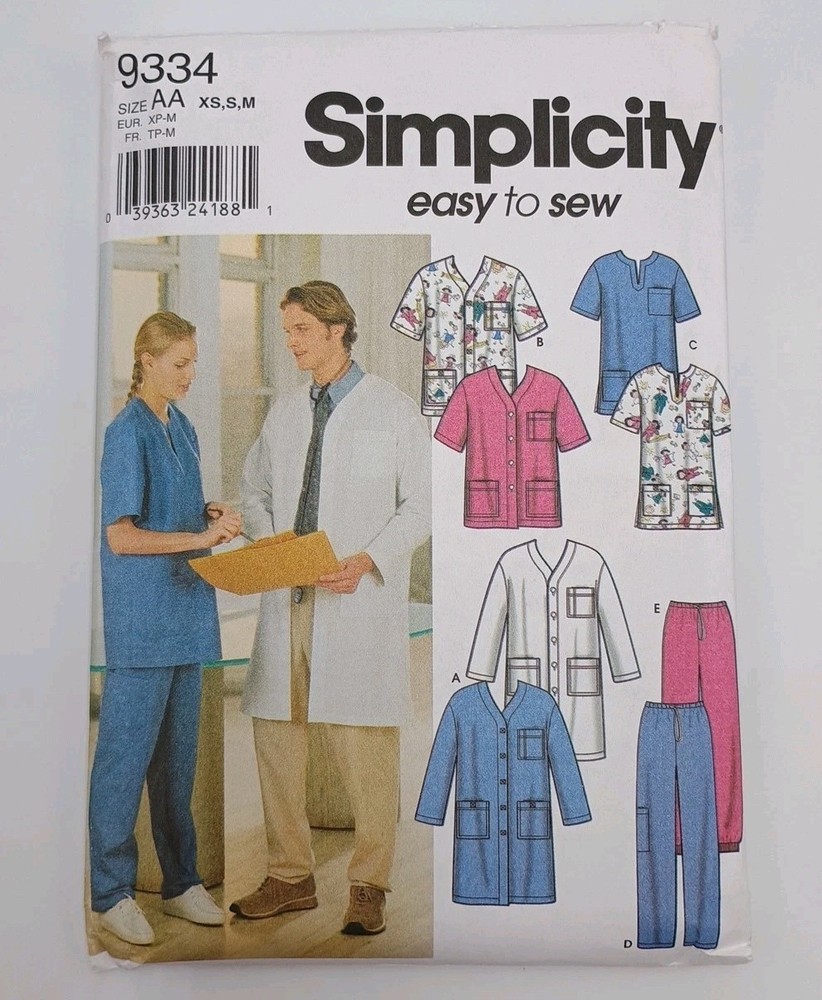 Simplicity 9334 Lab Coat Top Pants Scrubs Jacket Pattern Size AA XS S M UNCUT