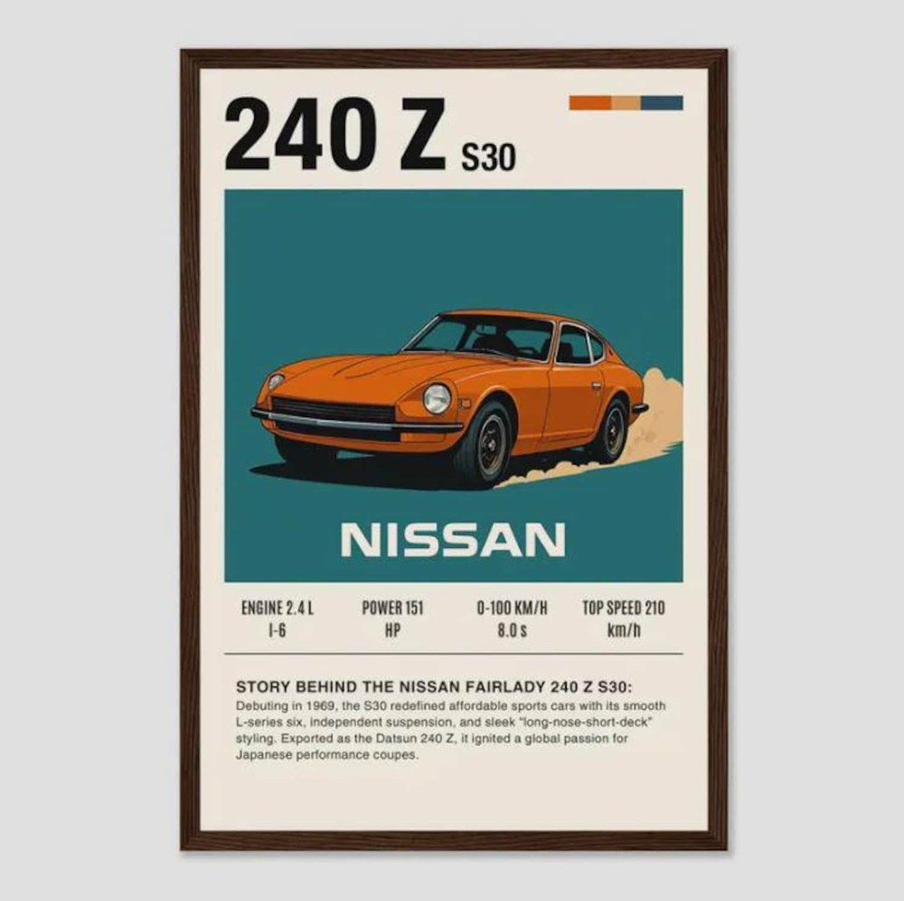 Datsun 240Z Fairlady Poster – Retro JDM Sports Car Wall Art Gift for Garage