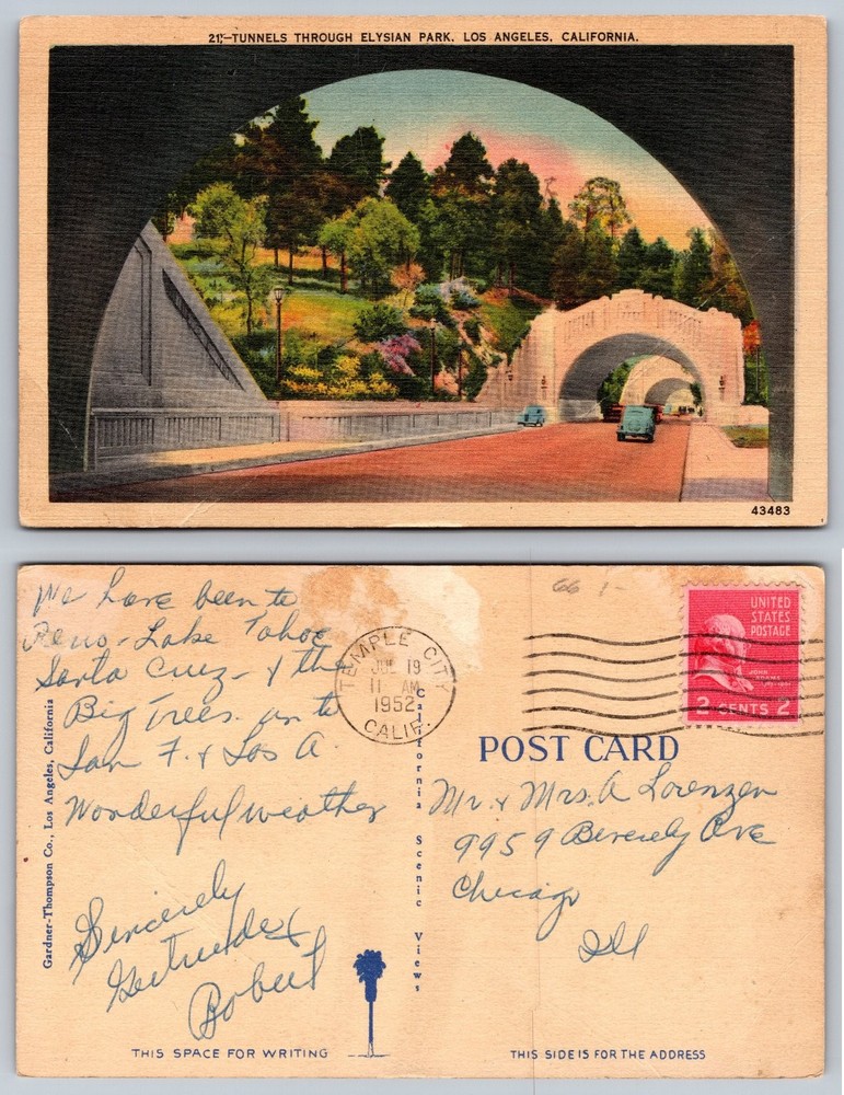Vintage 1952 Los Angeles Elysian Park Tunnels Postcard California Linen