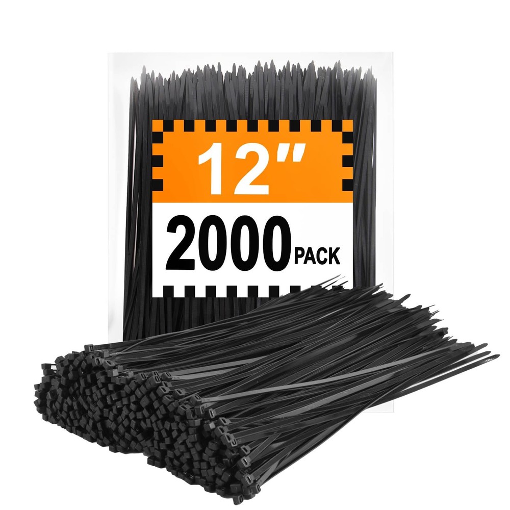 2000-Pack 12-Inch Heavy-Duty Black UV-Resistant Zip Ties 45 lb Strength
