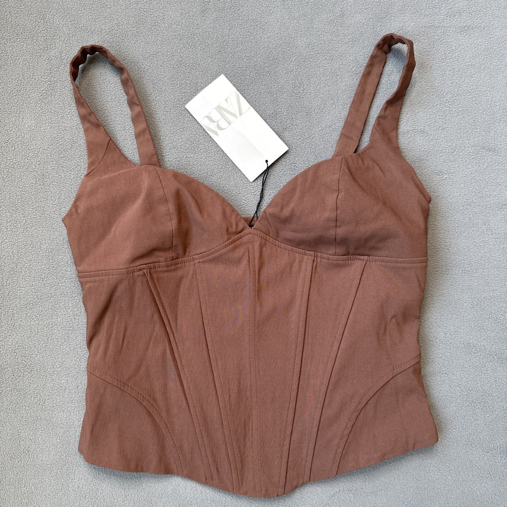 Zara Corset Top Womans Small Brown Bustier Sweetheart Neckline Cropped Tank NWT