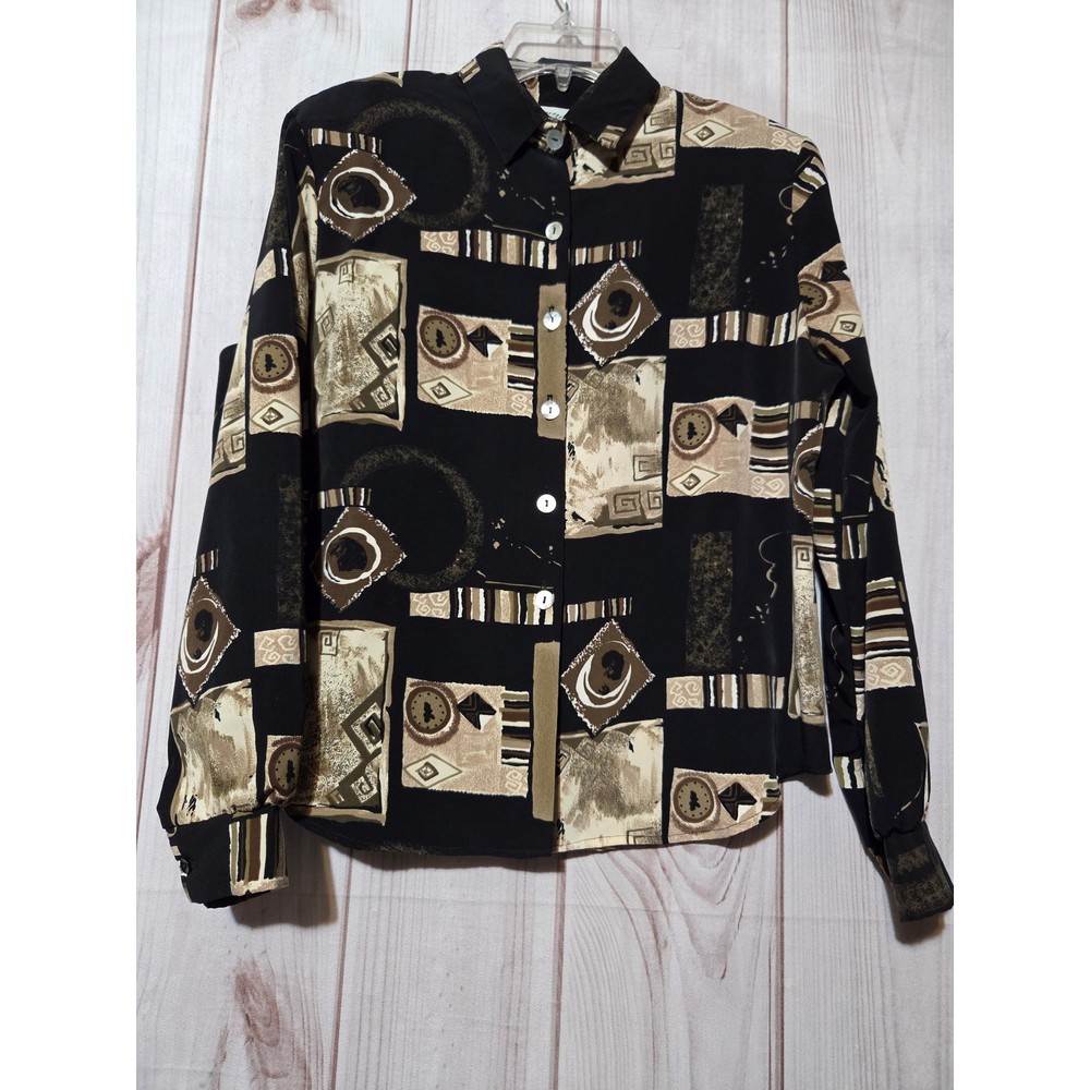 Joanna Vintage Abstract Geometric Button Front Blouse Black Tan Medium USA Made