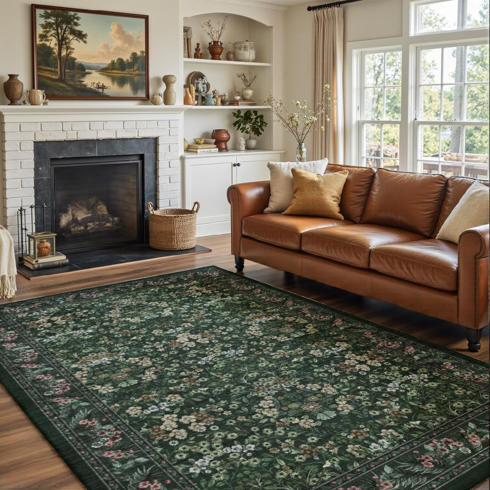 5X7 Dark Green Area Rugs for Living Room, Floral Washable Rug Vintage Large Soft