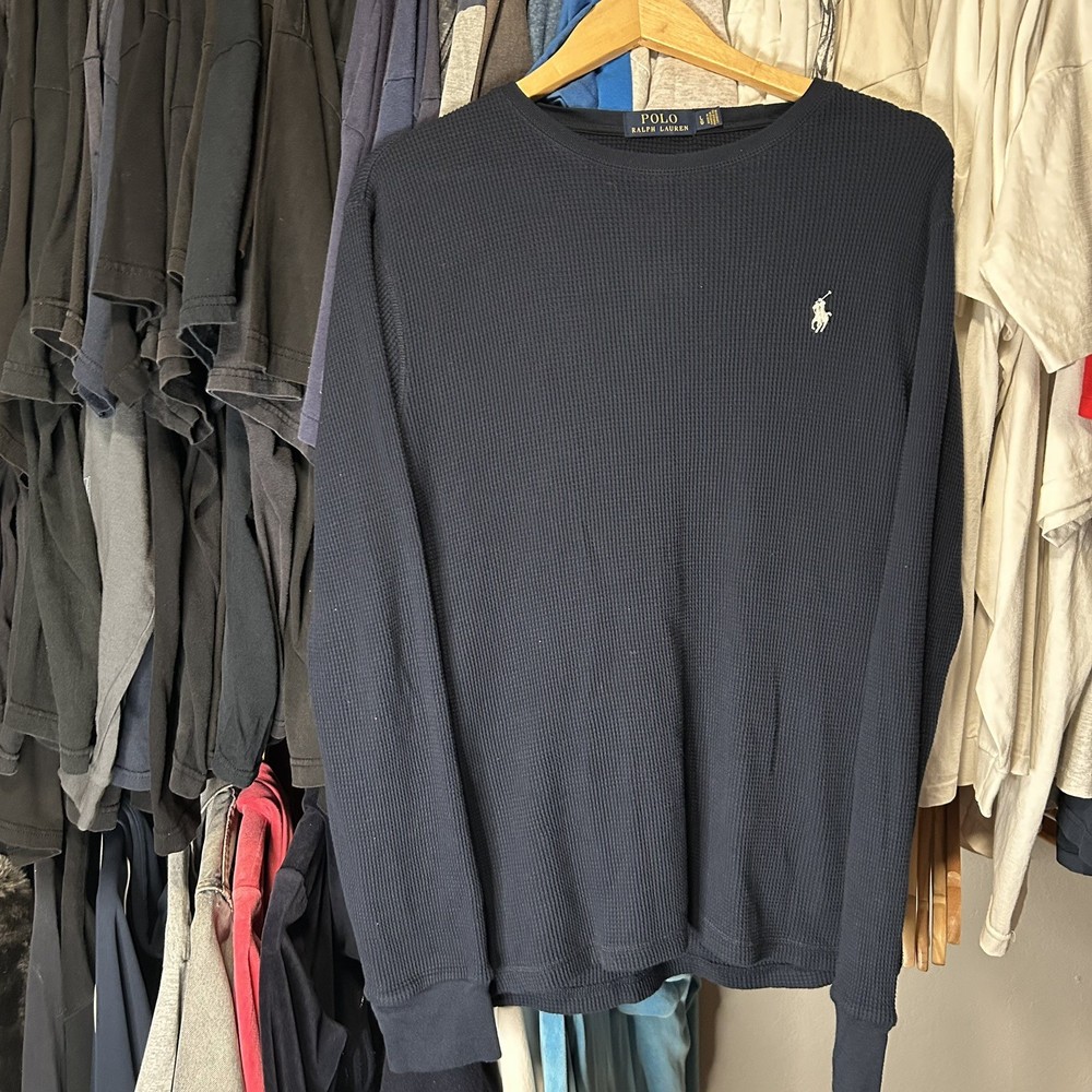 Polo Ralph Lauren Mens Large black/navy waffle Knit Thermal Long Sleeve Shirt