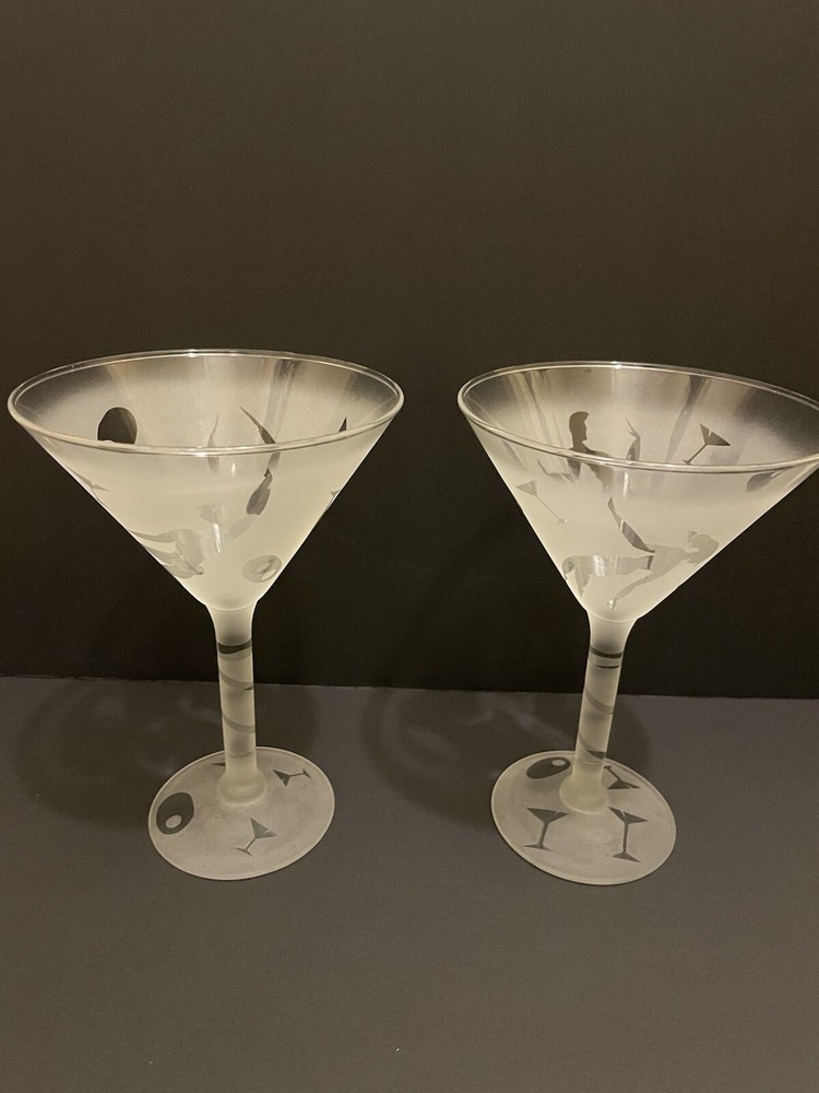 Vintage Signed KA 89 Martini Glasses with Etched Woman Man Olives Design