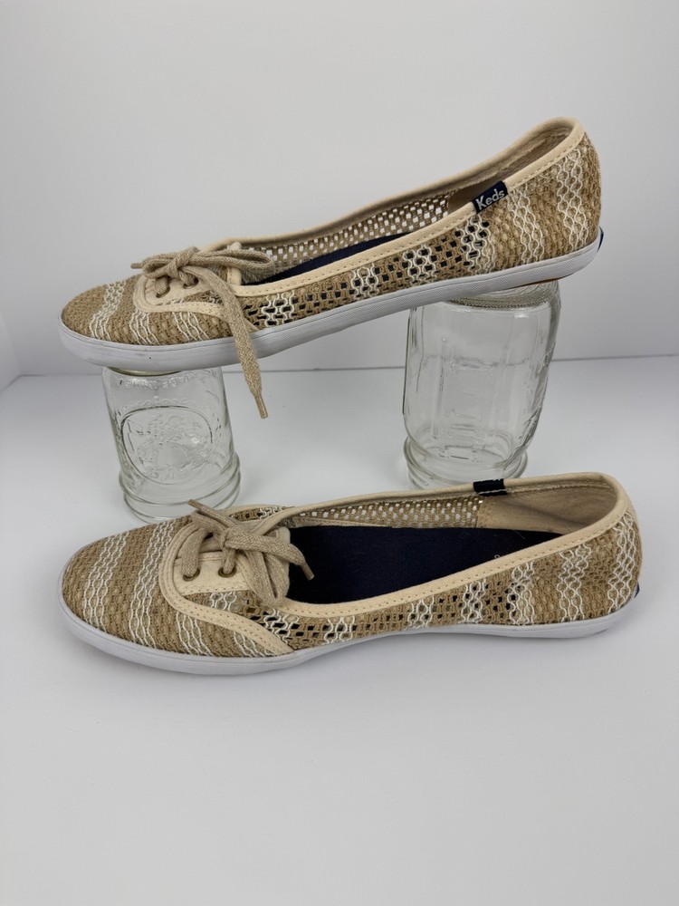 Keds Champion Crochet Stripe Natural Tan Beige Flats Women’s Shoes Boho 9.5