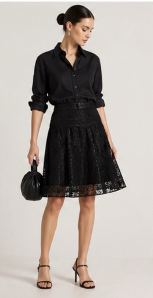 Schumacher Black Lace A-Line Skirt – Size S – Elegant Sheer Hem