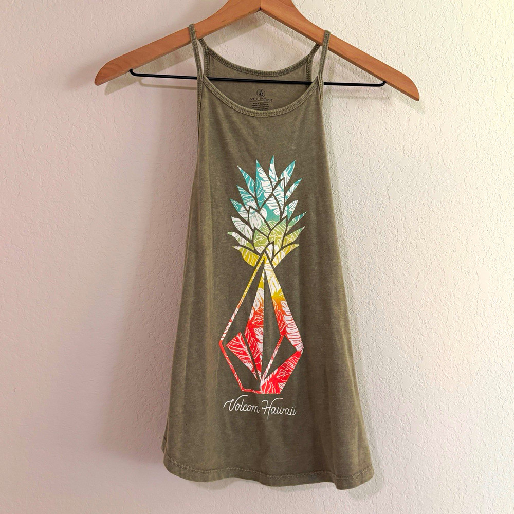 Volcom Hawaii Tank Top Medium Olive Green Pineapple Graphic High Neck Surf Skate