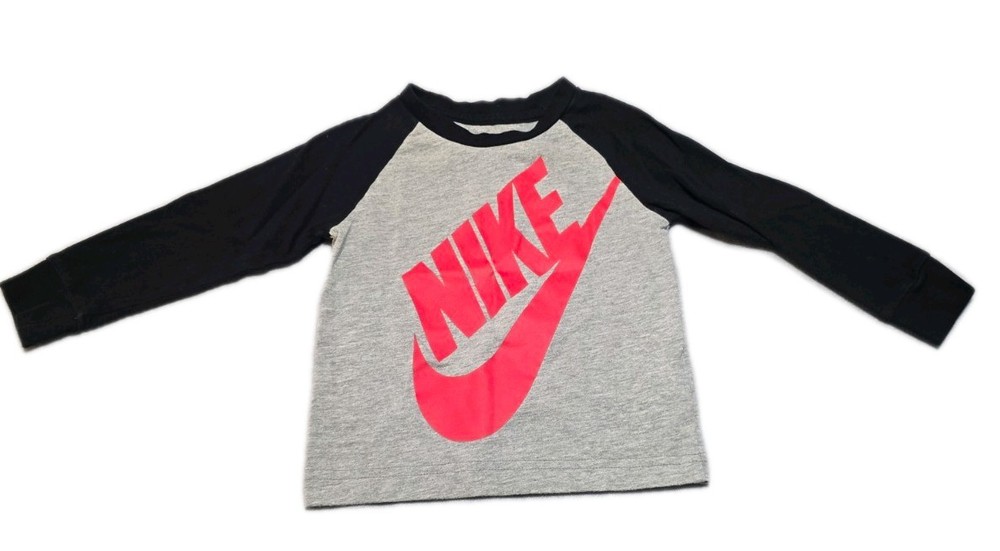 Nike Athletic Cut Long Sleeve T, Kids 2T Grey Black Red Swoosh Logo The Nike Tee