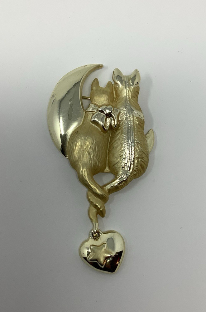 Cat Brooch CATTAILS Pin Vintage AJC Couple Sitting by Moon Gold Tone Jewelry
