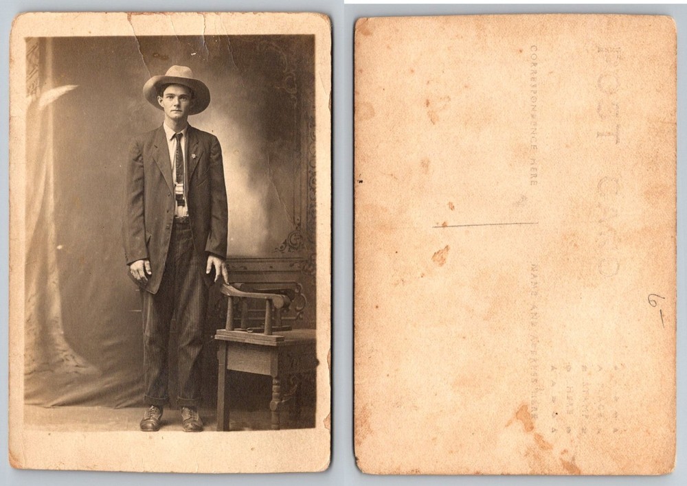 Vintage RPPC Young Man Portrait Cowboy Hat Suspenders Star Pin 1910s 1920s