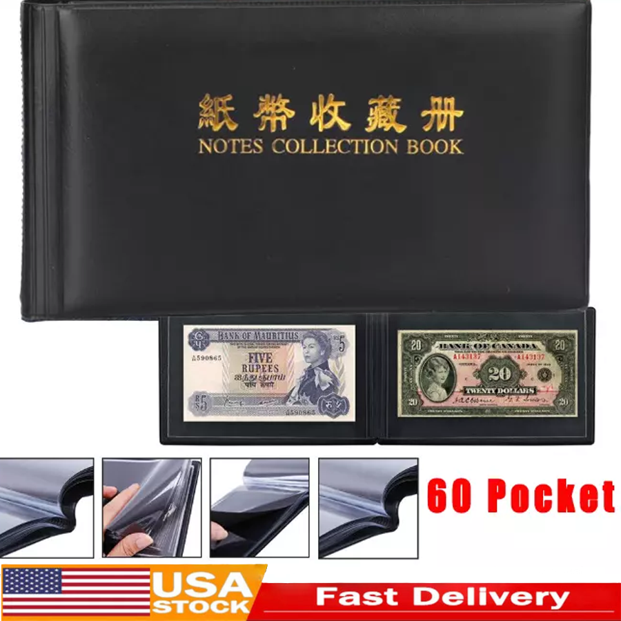 60 Paper Money Currency Banknote Collection Album Pocket Bill Book Sleeve Folder