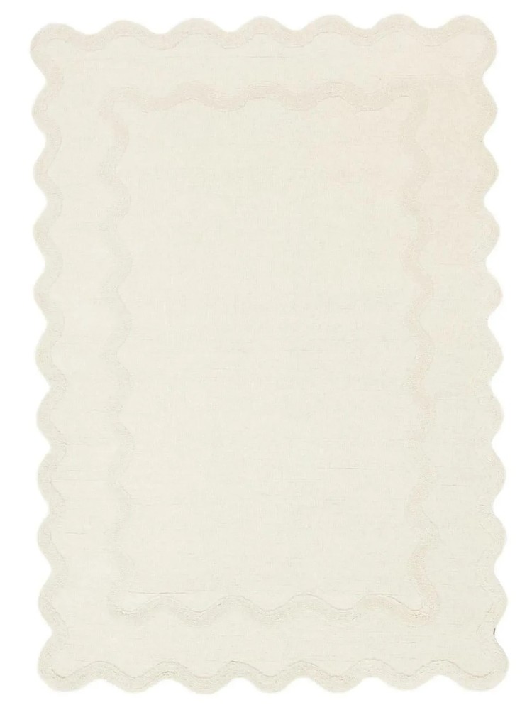 Hand Tufted Ivory Wool Rug Off White Scalloped Wavy Border Minimalist Modern
