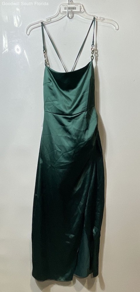 Zara Womens Green Satin Spaghetti Strap Square Neck Slit Slip Dress Size Small