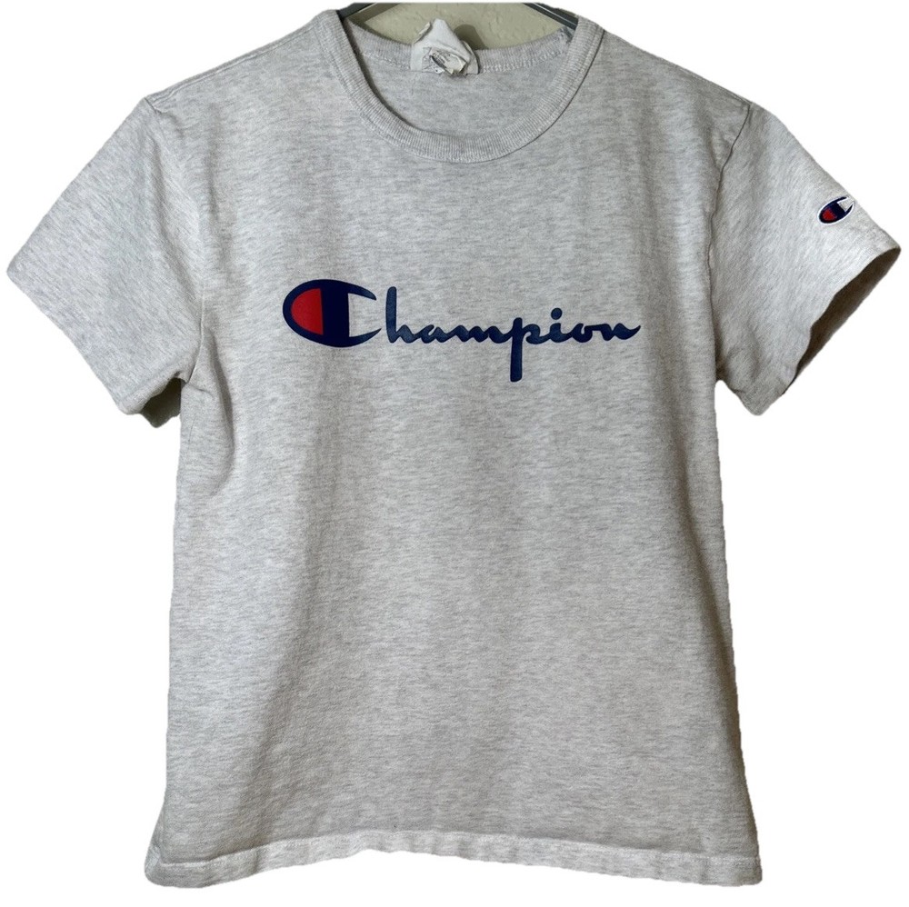 Y2K Vintage Champion Gray T-Shirt Spell Out Logo Sleeve Logo XS Extra Small 90s