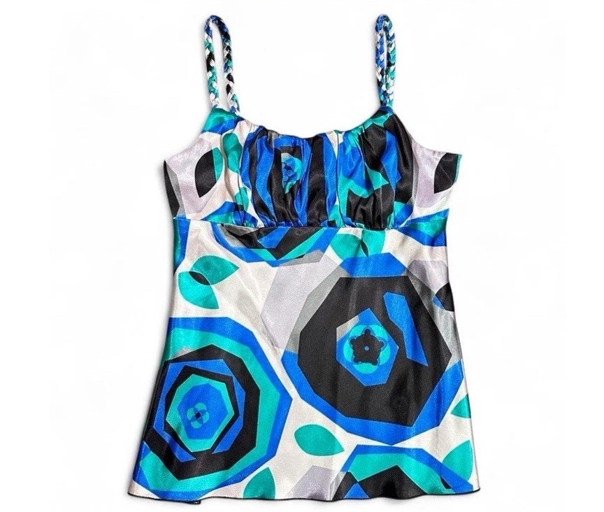 Women's Y2K Vintage Satin Geometric Floral Print Babydoll Tank Top White Teal