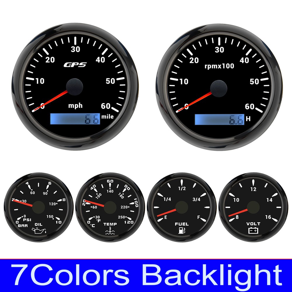 85MM GPS Speedometer 0-60MPH with Tachometer Fuel Water Oil Voltage Gauges