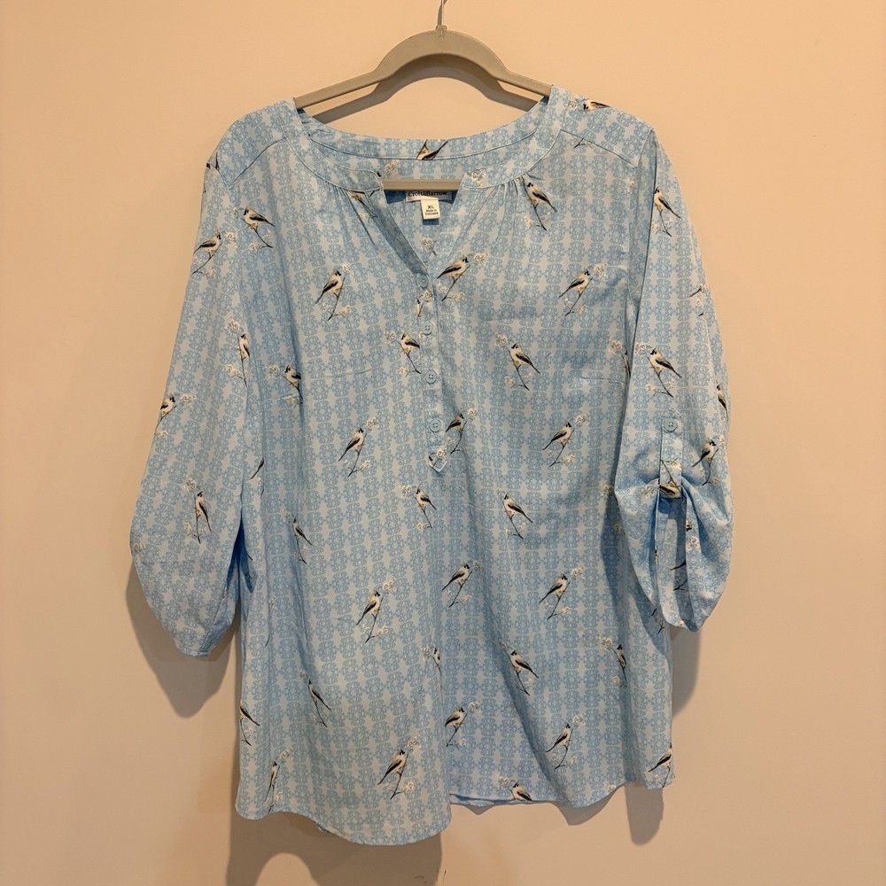 Croft & Barrow Women’s Bird Print Blue XL Tunic Top Blouse Career Casual Travel