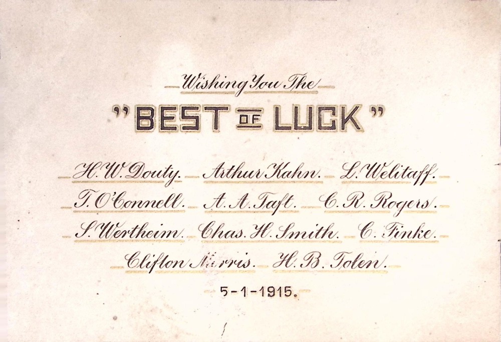 Vintage 1915 “Best of Luck” Presentation Card Gold Embossed Typography Ephemera