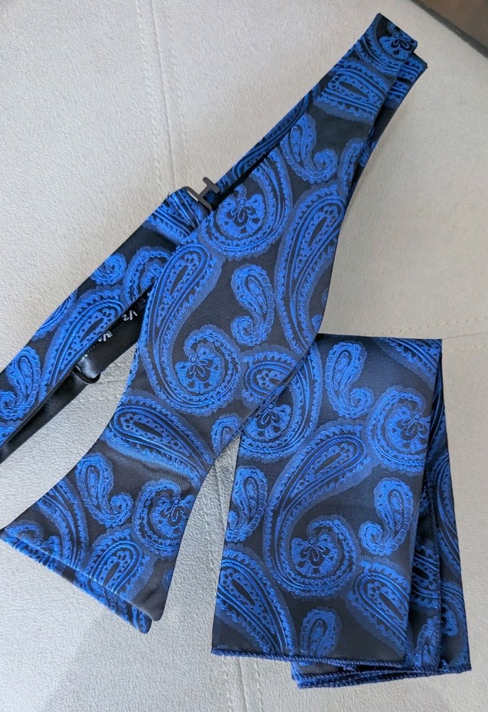 Men's Bow Tie Black with Blue Paisley With Handkerchief Self Tie