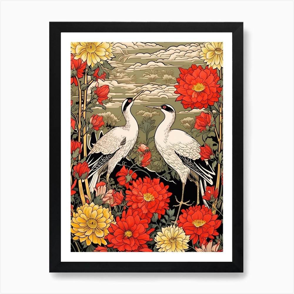 Cranes In Daisies 2 Vintage Japanes Framed Wall Art Poster Canvas Print Picture