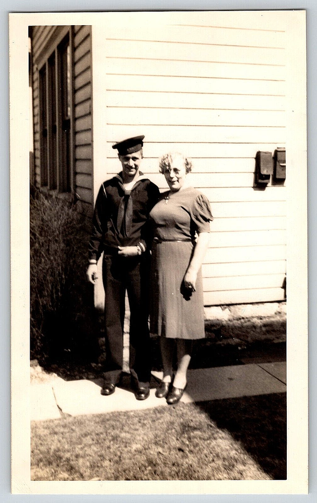 Vintage WW2 USA Navy Military Photo Old Antique Outdoor Man Lady Home