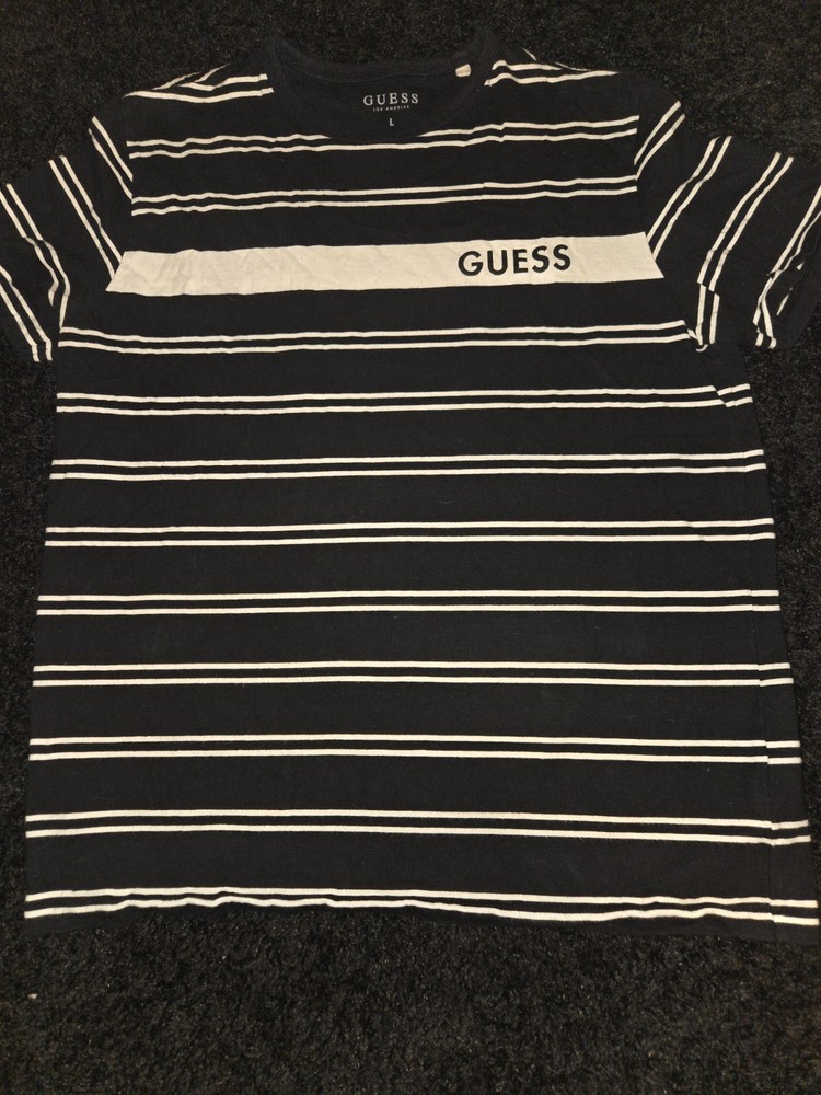 GUESS Men's Black White Striped Logo Short Sleeve Crew Neck T-Shirt