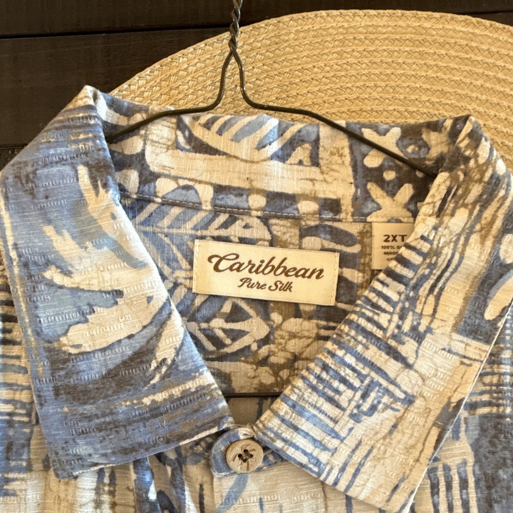 Caribbean Men’s Silk Woven Button-Up Shirt Geometric Blue/Beige 2XT Big & Tall