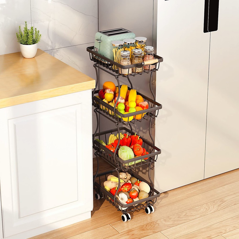 CHLORYARD 4 Tier Slim Fruit Basket for Kitchen, Stackable Metal 4 Tier, Black