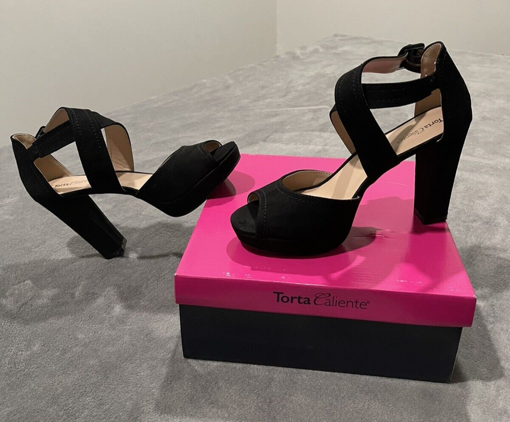 Black Faux Suede Strappy High Heels Size 7.5 M with 4-Inch Heel