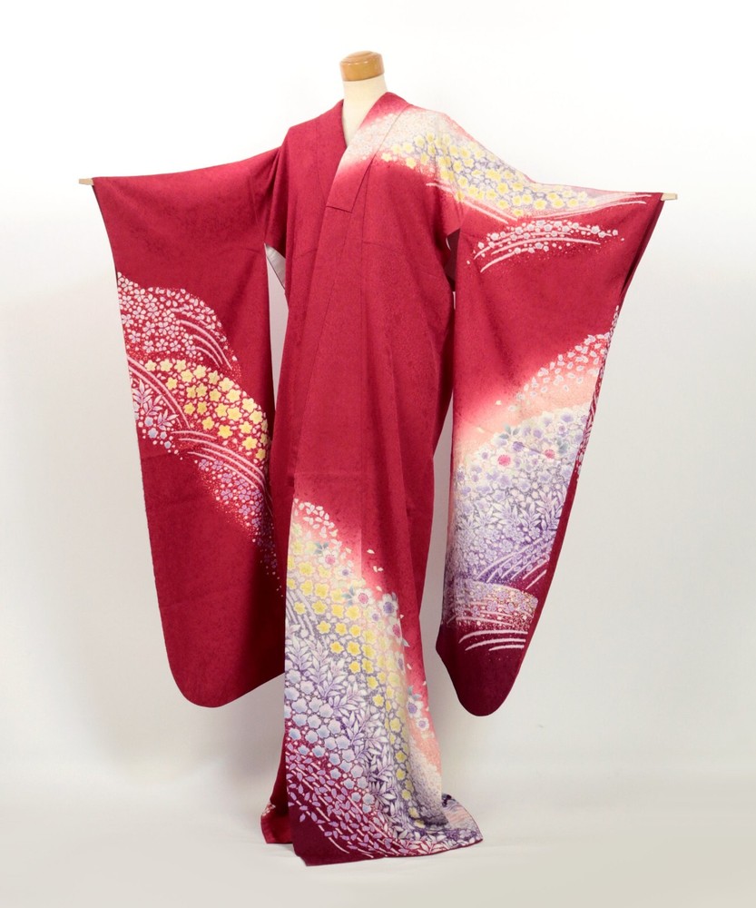 Kimono / Japanese Elegant Red Furisode Sakura Patterns Yuzen Dyeing / K2501081