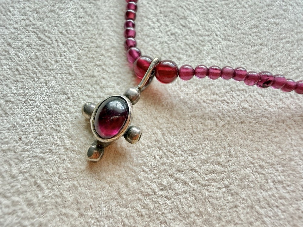 Vintage Artisan Sterling Silver Garnet Bead Necklace Cabochon Pendant Unmarked