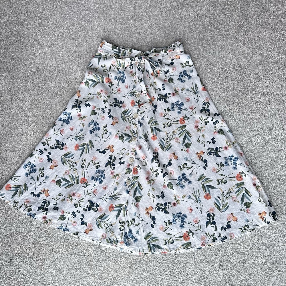 Saks Fifth Ave Floral Linen Skirt White Green L  preppy summer Cottage Core