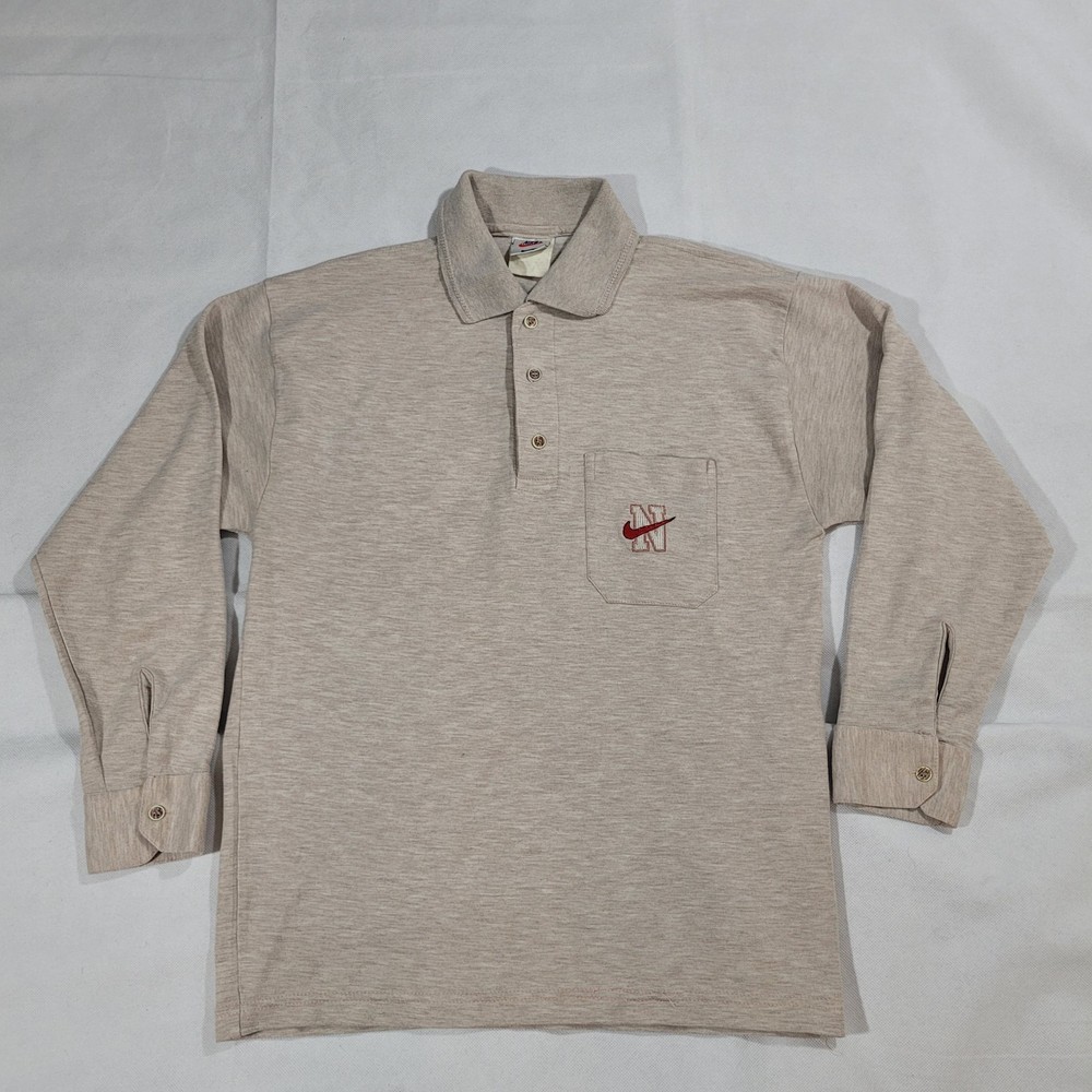 Vintage Nike Shirt Small Beige Long Sleeve Rugby Polo Collegiate N Embroidered