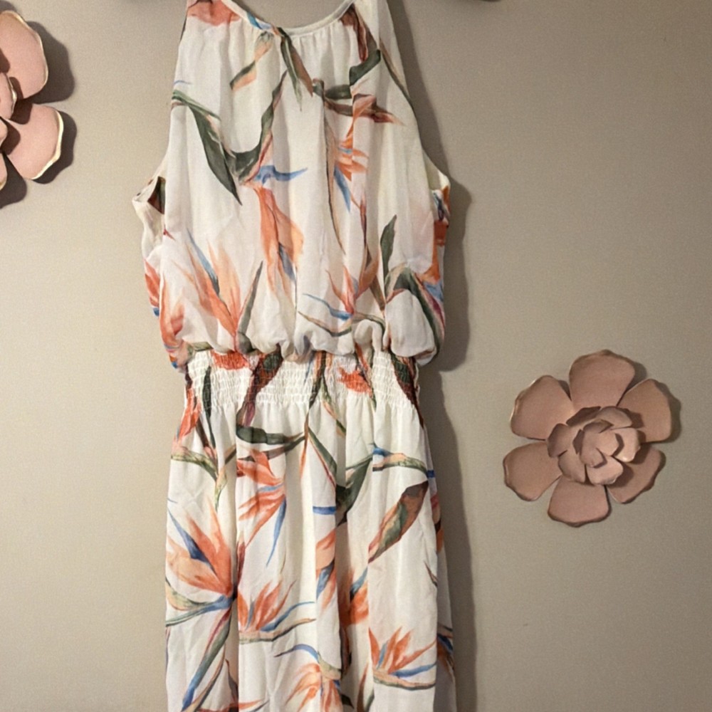 Sleeveless Halter Floral Chiffon Dress Short Gathered Waist White Orange Green