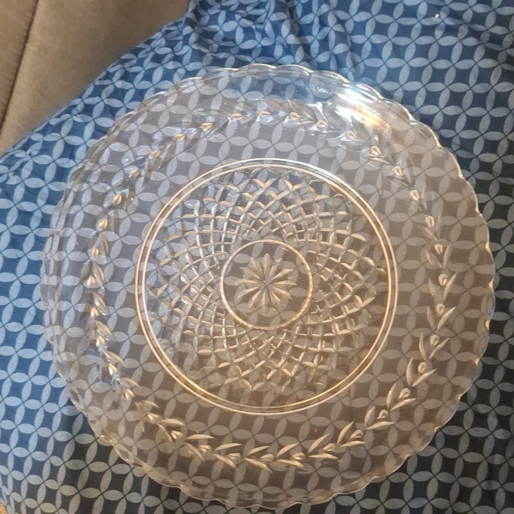 Clear Pressed Glass Plate Round Geometric Pattern Glossy