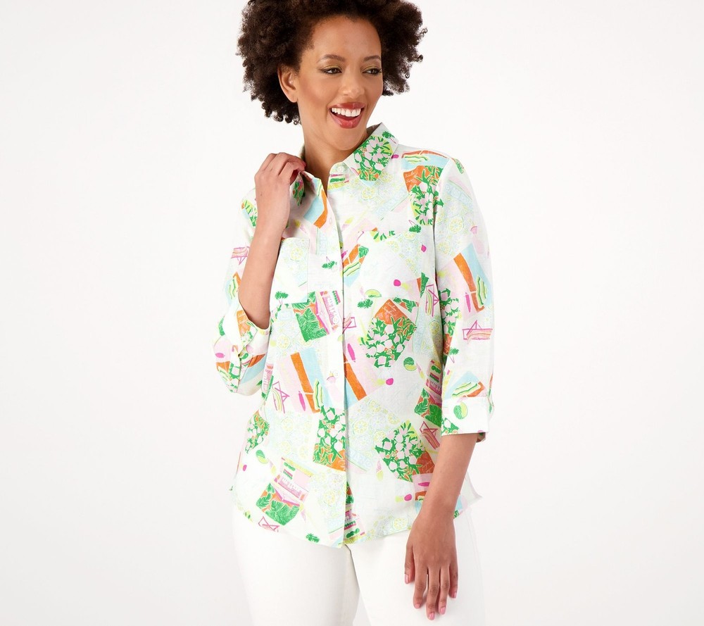 Denim & Co. Women's Top Sz XL Printed Cotton Linen Button Multi-colored A601456