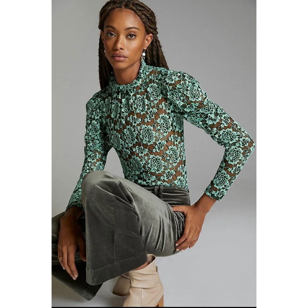 Dolan Anthropologie Green Floral Lace Puff Sleeve Women's Mock Neck Top Medium