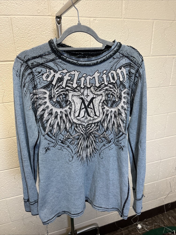 Affliction Men's Reversible Thermal Long Sleeve Shirt Black/Blue, Size Large