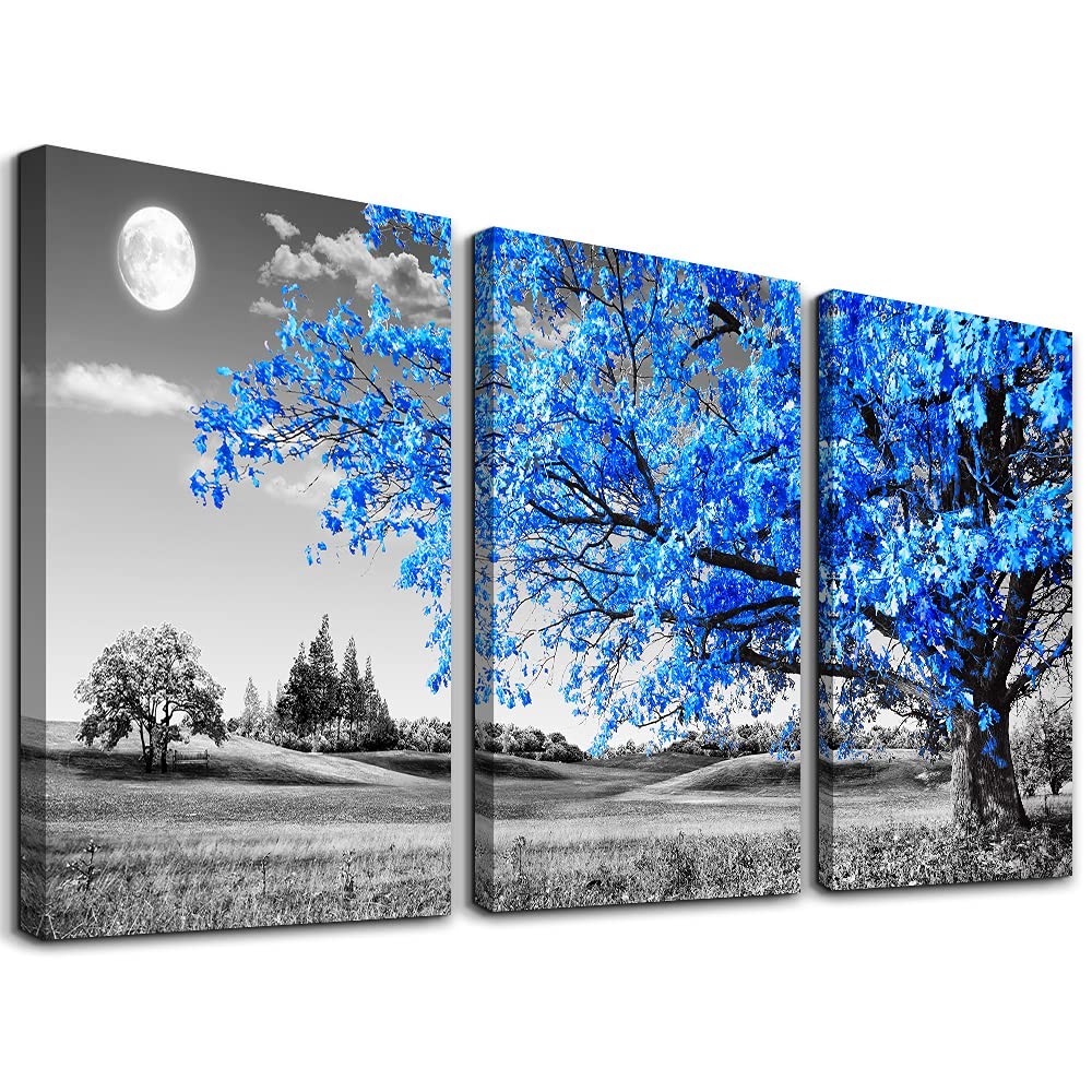 Wall Art For Living Room black and white Blue tree moon Canvas Wall Decor for...
