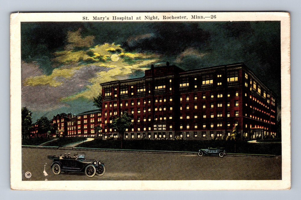 Rochester MN-Minnesota St Mary's Hospital At Night Vintage Postcard