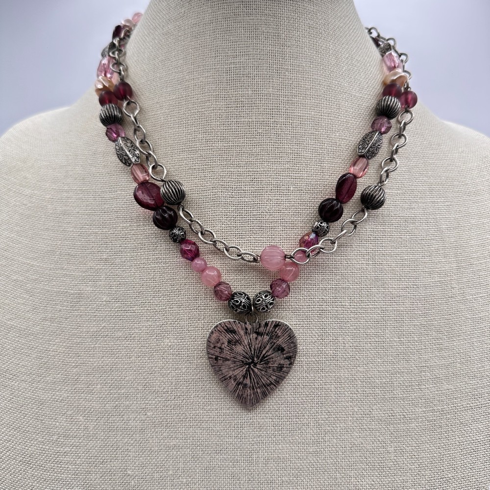 Vintage 80s Pink Purple Rhodamine Agate Heart Bead Silver Tone Necklace Jewelry