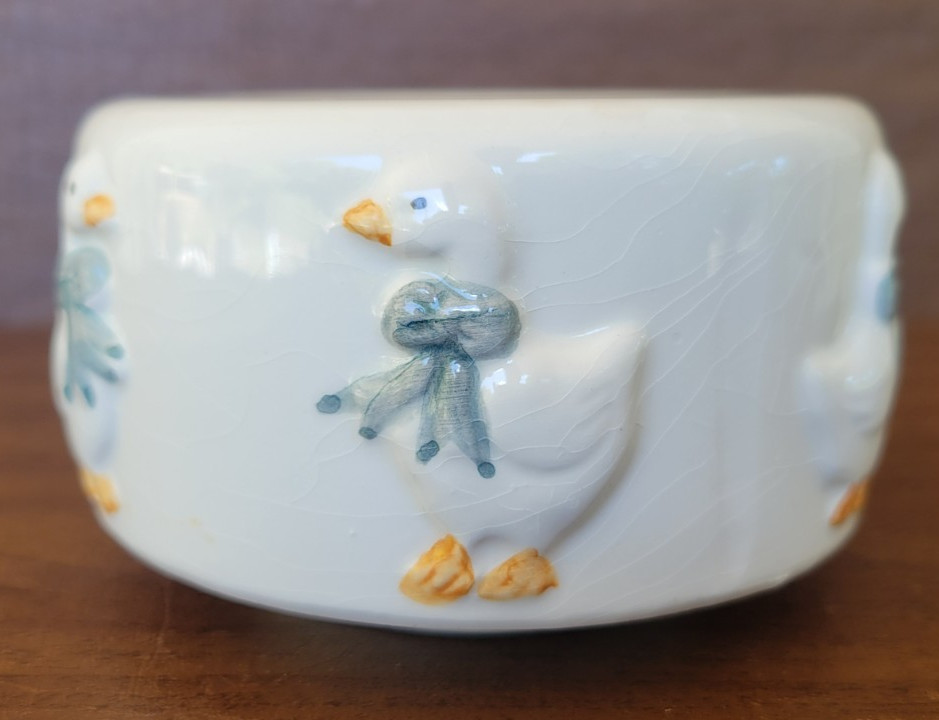 1990s Blue And White Goose Decor Trinket Dish Footed Crackle