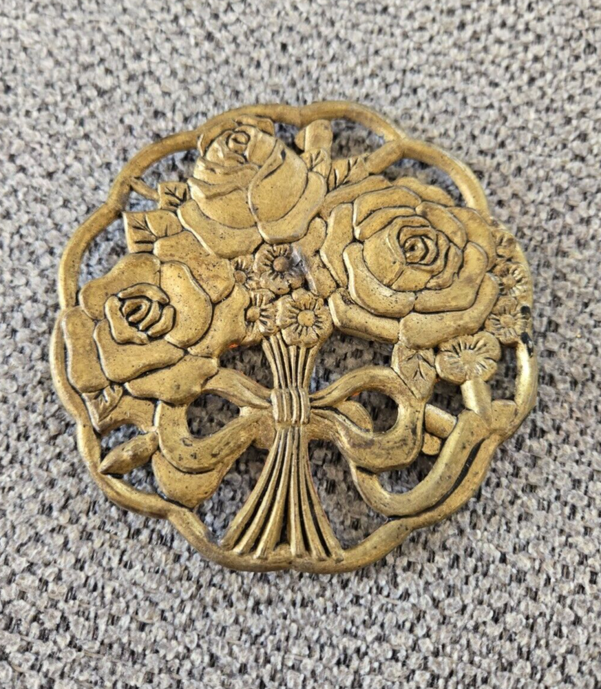 Vintage Brass Floral Flower Trivet  Round Footed Candle Topper /  Decor / Trivet