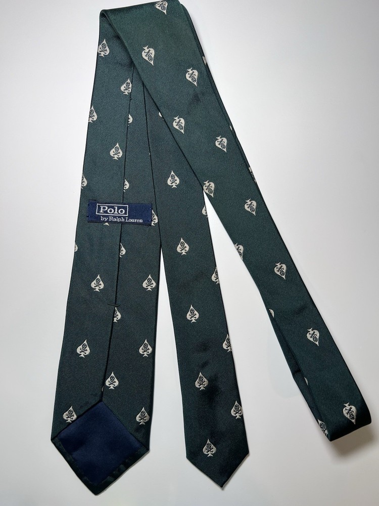 POLO RALPH LAUREN Tie-Silk-Green Skull Crossbones-Spade-Ivy League-VTG-Preppy