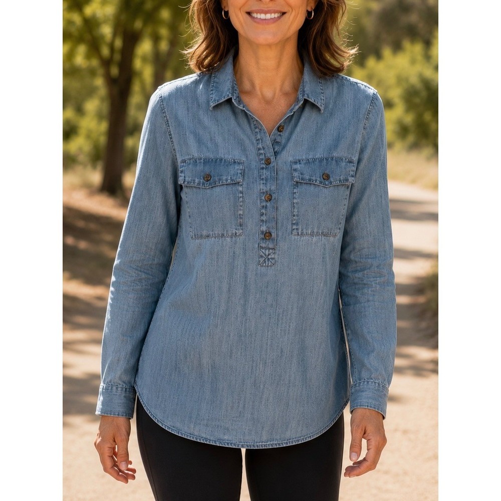 Lands End Womens Denim Chambray Shirt Blue Medium Casual Minimalist Classic