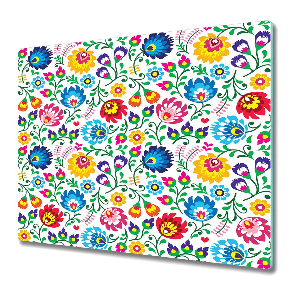 Glass Worktop Saver Polish folk art Colourful blue and yellow art 60x52