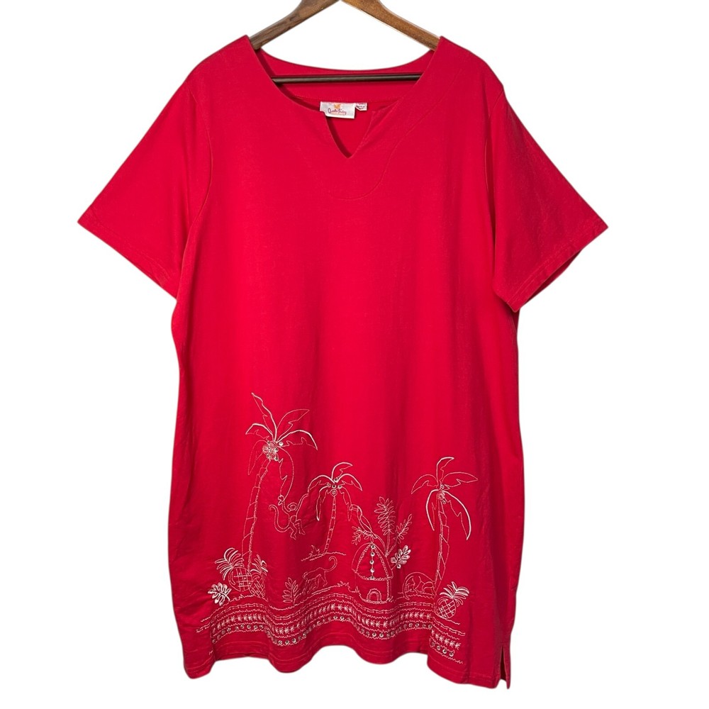 Quacker Factory Tunic Dress 2X Plus Red Tropical Embroidered Rhinestone Top