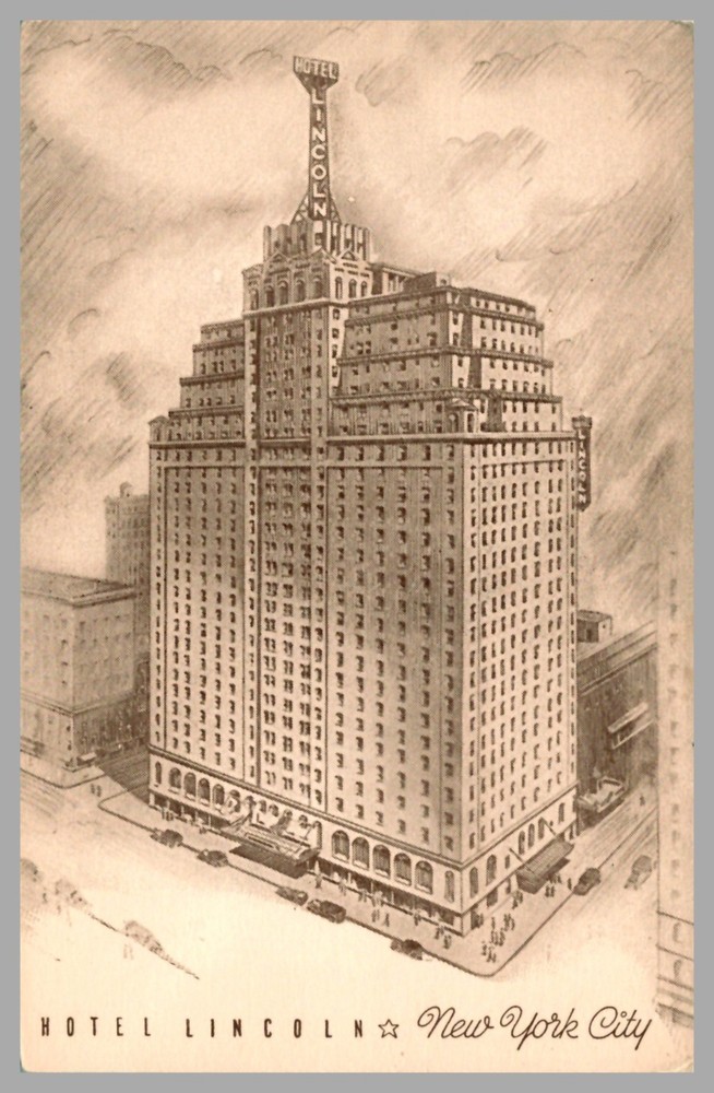 Hotel Lincoln New York City N. Y. Aerial View Street Scene c1940 Illustration
